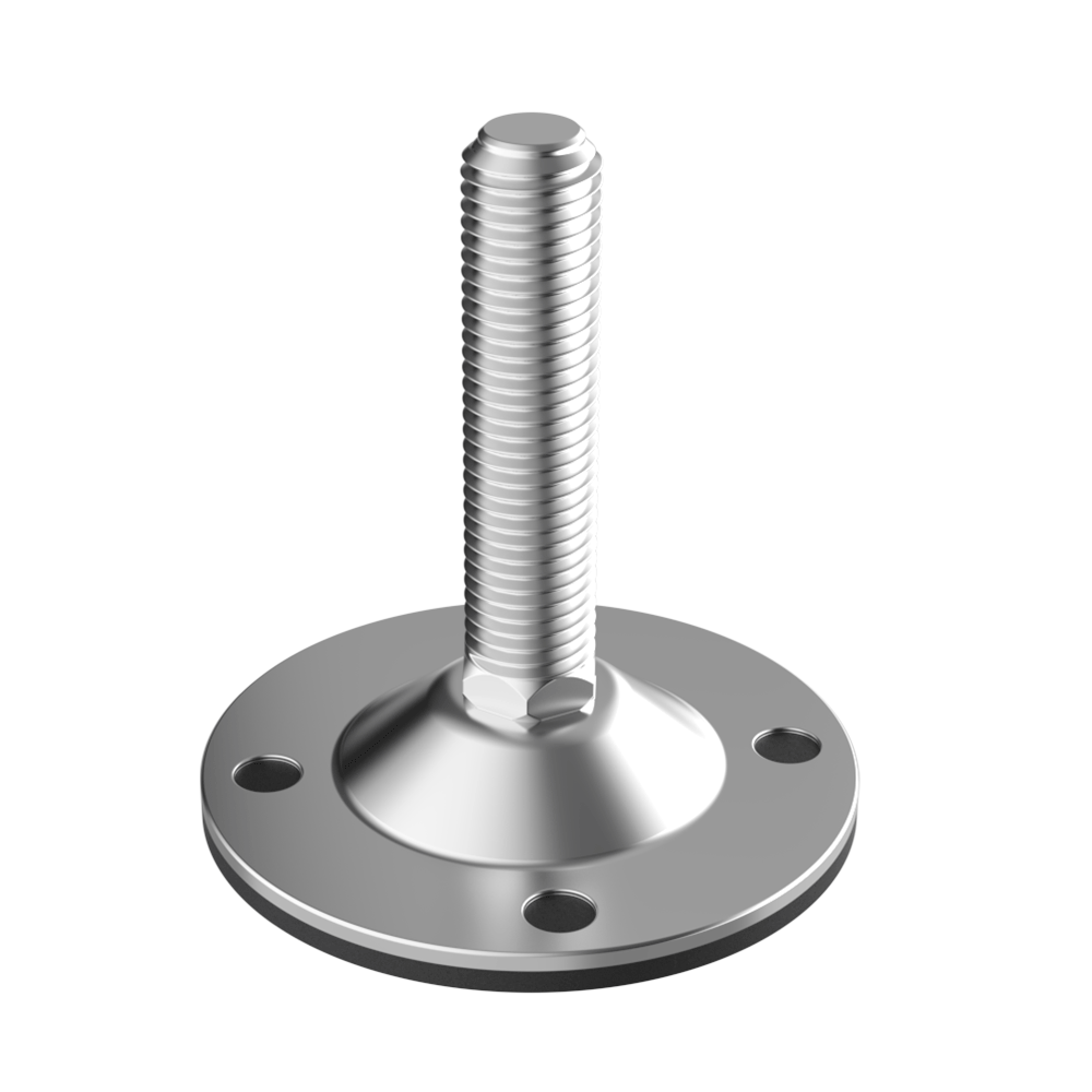 Nos pieds de nivellement LHVL en acier zingué sont conçus pour des <b>applications de machines</b> et supportent une charge allant jusqu’à <b>30 000 N</b>. Les valeurs de charge sont calculées dans des conditions statiques et à mi-longueur de la vis. En cas de vibrations ou de charges dynamiques, ces valeurs doivent être réduites.<br>
La base comprend <b>4 trous</b> de 12,50 mm de diamètre pour permettre la fixation au sol. Le filetage possède une <b>inclinaison de 8º</b> afin de compenser les irrégularités du sol.<br>
Chaque référence est disponible avec une <b>semelle antidérapante en caoutchouc NBR vulcanisé, 80 Shore</b>. Cette base peut être percée pour utiliser les trous de fixation.<br>
Nous pouvons également fournir un <b>écrou hexagonal pour fixer l’axe et éviter l’inclinaison</b>. Cette option n’est disponible que pour les variantes sans base antidérapante (type 1). Veuillez contacter notre service commercial si vous êtes intéressé.