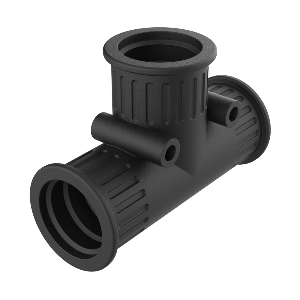 <p>Nos manchons de dérivation <b>MDB</b> sont fabriqués en <b>TPE</b> souple en forme de “T” pour réaliser des dérivations entre sections de tube.</p>

<p>Ces manchons, <b>résistants aux UV</b>, se montent par pression sur les extrémités des tubes et, grâce à leurs dents internes, adhèrent parfaitement au profil extérieur. Les trous de fixation murale ont un diamètre de Ø 4 mm. Utilisables même entre des tubes de différentes dimensions.</p>

<p>· <b>Matériau :</b> TPE<br>
· <b>Couleur :</b> noir<br>
· <b>Température d'utilisation :</b> -40 °C / +120 °C (avec extrémités jusqu'à +150 °C)<br>
· <b>Protection IP :</b> IP66 selon EN 60529</p>

<p><i>Disponible en gris sur demande.</i></p>