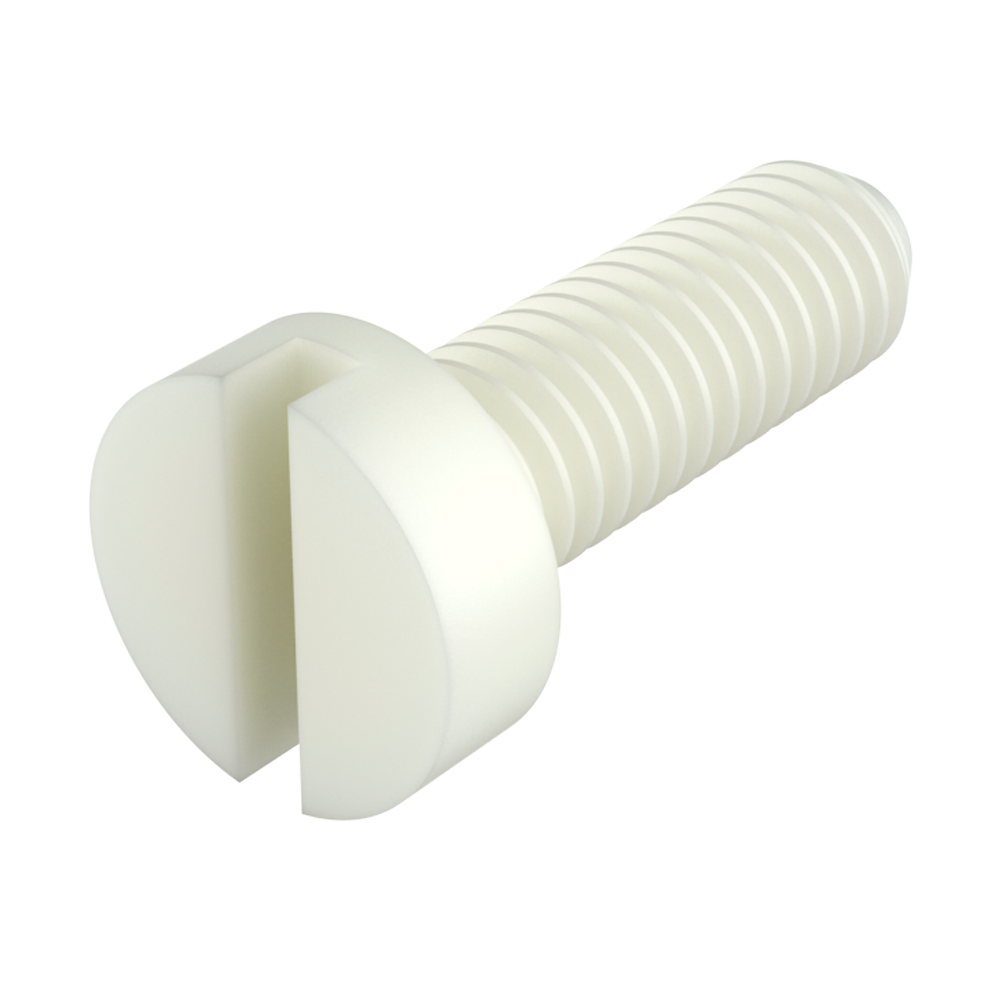 Notre vis à tête cylindrique fendue (DIN 84) fabriqué en <b>PA66</b>, offre une excellente résistance aux produits chimiques (voir fiche technique), un bon niveau de rigidité diélectrique, ne s´oxide pas et prévient les dommages dûs à la surtension. <br><i>Les filetages M2 et M2,5 sont fournis seulement en PA66</i>. <br>