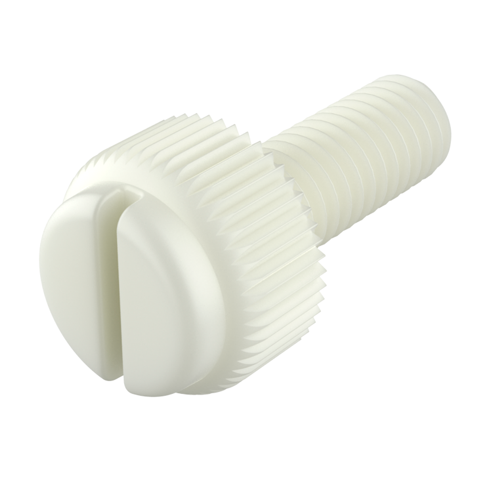 Notre vis à tête fendue moletée fabriqué en <b>PA66</b>, offre une excellente résistance aux produits chimiques (voir fiche technique), un bon niveau de rigidité diélectrique, ne s´oxide pas et prévient les dommages dûs à la surtension.