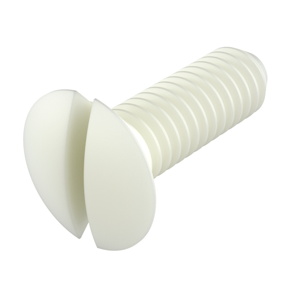 Notre vis à tête fraisée bombée fendue (DIN 964) fabriqué en <b>PA66</b>, offre une excellente résistance aux produits chimiques (voir fiche technique), un bon niveau de rigidité diélectrique, ne s´oxide pas et prévient les dommages dûs à la surtension.<br><i>Les filetages M2 et M2,5 sont fournis seulement en PA66</i>. <br>