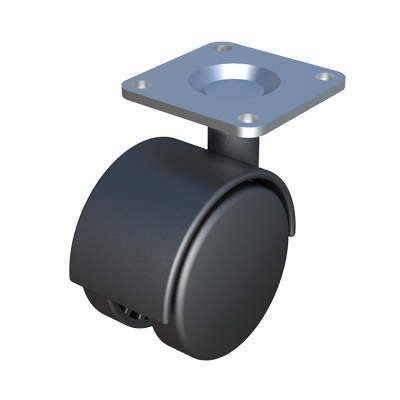 Roulette articulée sans frein. Elle est faite en polypropylène et elle contient une plaque en acier pour faciliter sa fixation sur des meubles en bois. La charge recommandée pour chaque roulette est de 50 kg.