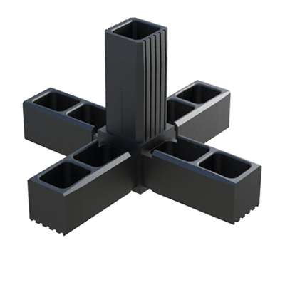 Notre raccord en A a été crée pour connecter 5 tubes carrés.