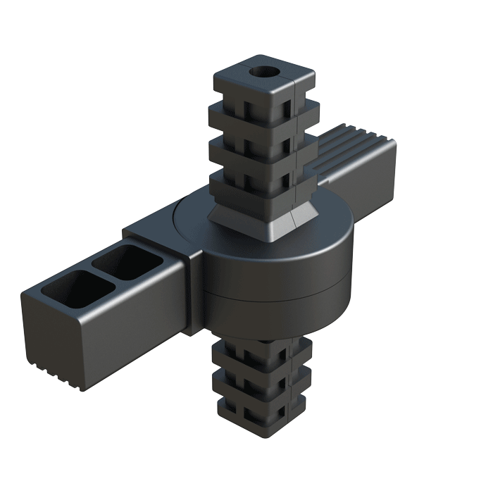 Notre raccord 4 tubes a été crée pour connecter 4 tubes carrés. Il a une articulation pour pouvoir changer son angle de 0º à 180º ou encore de 0º à 190º, selon la référence.