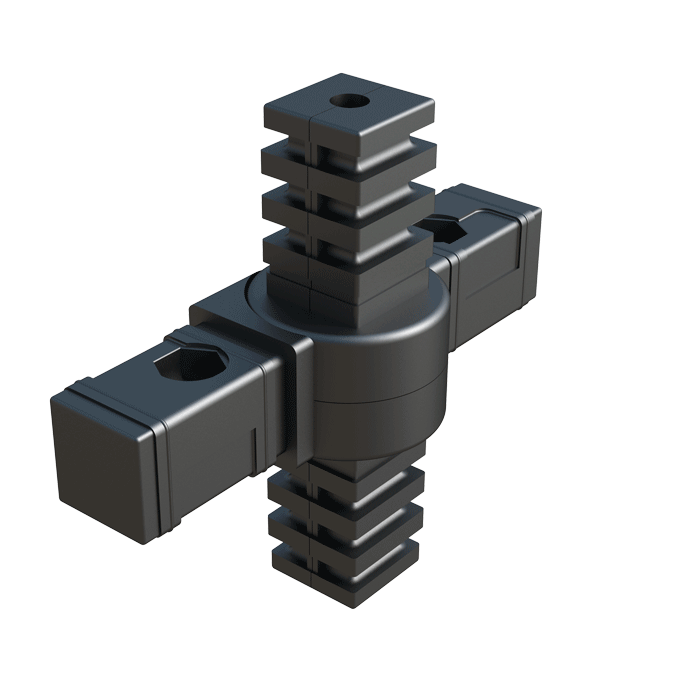 Notre raccord 4 tubes a été crée pour connecter 4 tubes carrés. Il a une articulation pour pouvoir changer son angle de 45º à 200º.