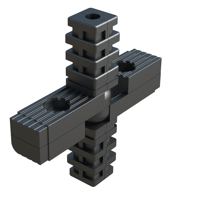 Notre raccord 4 tubes a été crée pour connecter 4 tubes carrés. Il a une articulation pour pouvoir changer son angle de 60º à 300º.