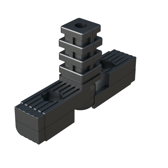 Notre raccord 3 tubes a été crée pour connecter 3 tubes carrés. Il a une articulation pour pouvoir changer son angle de 60º à 300º.